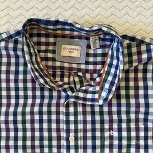 DOCKERS LONG SLEEVE BUTTON UP, COLLARED SHIRT, PLAID, SIZE XL, Purple/Green/Blue